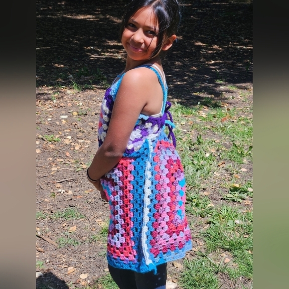 Hand Crafted crochet halter top split dress open back swim coverup multicolored - Picture 8 of 17